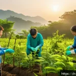 기독교와 환경보호 - A serene forest scene at dawn with soft golden sunlight filtering through lush green trees, a divers...