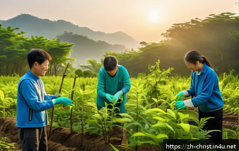 기독교와 환경보호 - A serene forest scene at dawn with soft golden sunlight filtering through lush green trees, a divers...