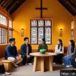 기독교의 신학적 논쟁 - A modern church interior filled with diverse young adults engaging in an open discussion circle, wea...