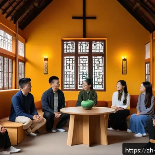 기독교의 신학적 논쟁 - A modern church interior filled with diverse young adults engaging in an open discussion circle, wea...