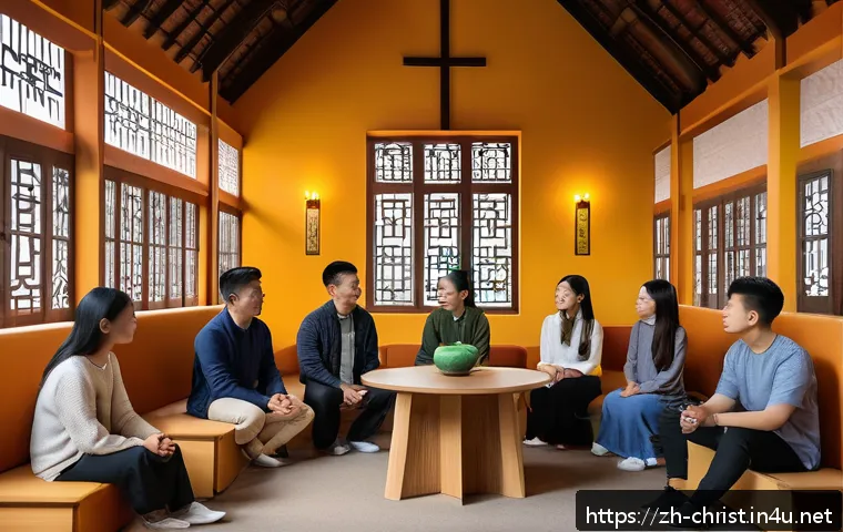 기독교의 신학적 논쟁 - A modern church interior filled with diverse young adults engaging in an open discussion circle, wea...