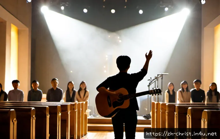 기독교와 워십 리더 - Photorealistic Christian worship leader standing on a softly lit church stage, playing an acoustic g...