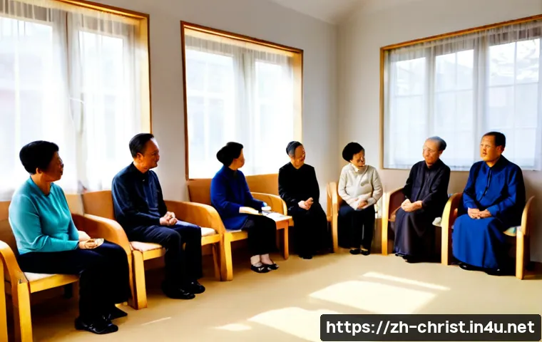기독교와 작은 교회 운동 - Photorealistic intimate small church gathering in a bright modest living room, a diverse group of ad...