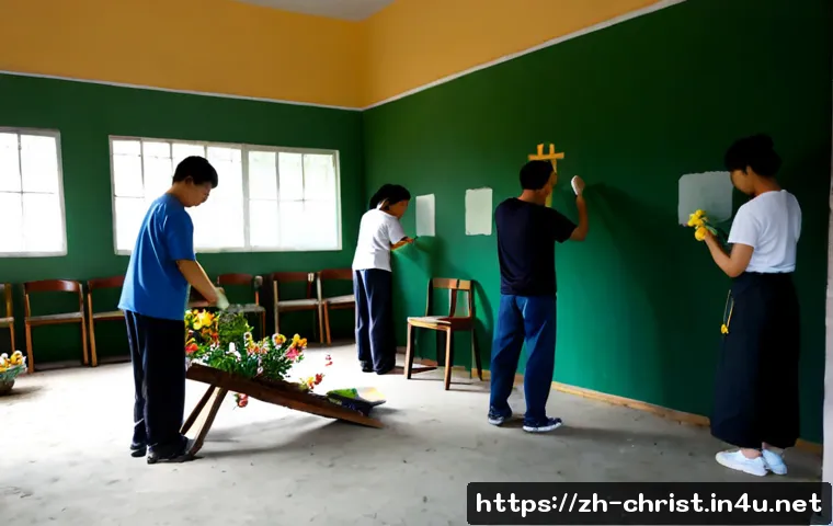 기독교와 문화 변혁 - Photorealistic scene of a diverse Chinese Christian community restoring a neighborhood cultural cent...