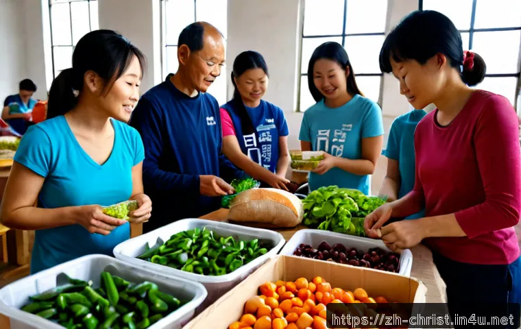 기독교와 자원봉사 - Photorealistic community volunteer scene inside a bright church hall, diverse adult volunteers in si...
